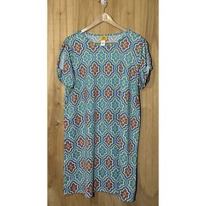 Ruby Rd Women’s Large Dress Orange Blue White Short Sleeve Pullover